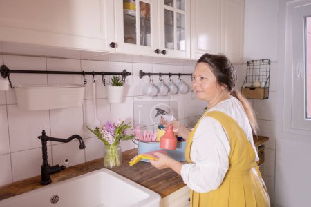 bottle of cleaning product spray in hands woman in kitchen, sanitary cleaning items, spring home cleaning, highlighting satisfaction takes in work and importance of cleanliness, household labor