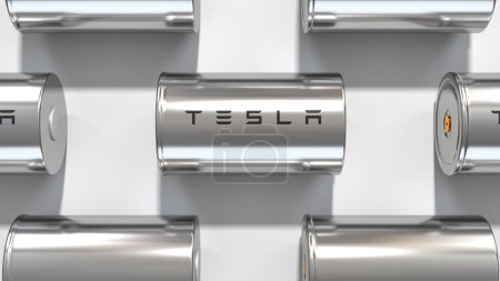 Foto de Batería de litio-ion 4680 Tesla, módulos de célula del acumulador de alta capacidad, célula sin pestañas, baterías de producción en masa de alta potencia, tecnología de alta tecnología, vehículos eléctricos de energía, electrodo seco, renderizado 3d - Imagen libre de derechos