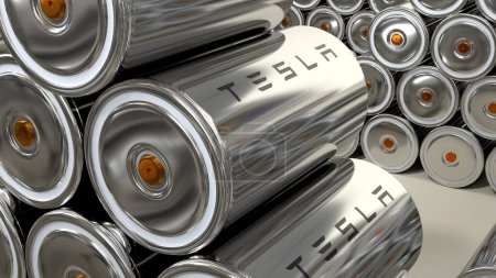 Foto de 4680 Arreglo de baterías Tesla, Módulos de células acumuladoras de li-ion de alta capacidad, células de mesas, producción en masa Baterías de automóviles eléctricos, Tecnología automotriz de alta tecnología, vehículos eléctricos de energía, renderizado 3d - Imagen libre de derechos