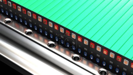 Closeup Prismatic High-capacity Battery pack for electric vehicles on aluminum platform, battery modules, mass production accumulators high power and energy for electric vehicles, 3d rendering