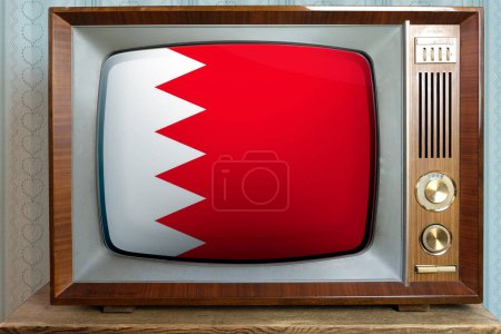 bahrain national flag, old tube vintage TV 60s, concept of eternal values on television, global world trade, politics, retro technologies, news 