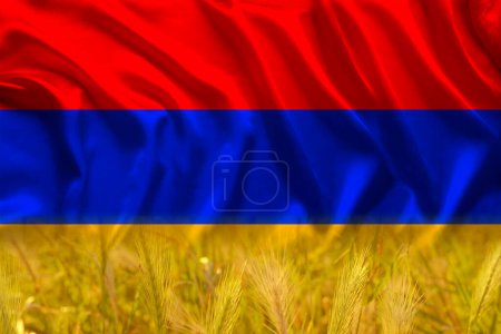beautiful silk background, national flag of Armenia, golden ripe ears of wheat, concept of rich harvest of bread, grain import, export abroad, stock exchange, grain trading, Grains Futures Prices