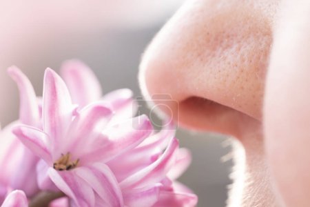 close-up Weibliche Nase leuchtet mit Wonne schmeckt süß duftende Hyazinthe, fängt die Freude am Frühling und der Schönheit der Natur ein und sensibilisiert gleichzeitig für saisonale Allergien, Sinneserlebnisse