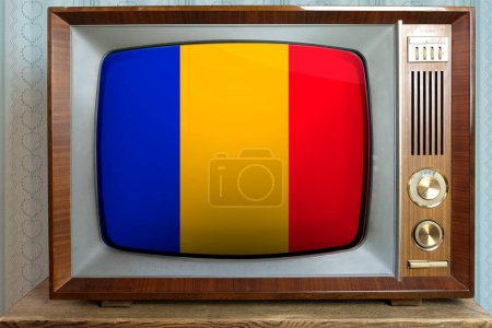 old tube vintage stylish TV 60s with national flag of Romania on screen, eternal values on television, global world trade, politics, retro technologies, news 