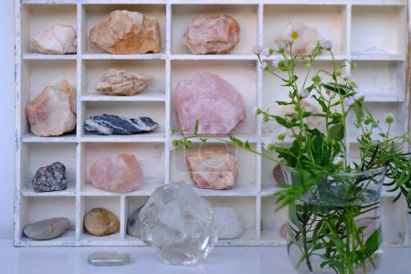 gemstones minerals for relax and meditation in white box, set of healing stones for Magic Crystal Ritual, Witchcraft. Esoteric spiritual practice for life balance, relaxation