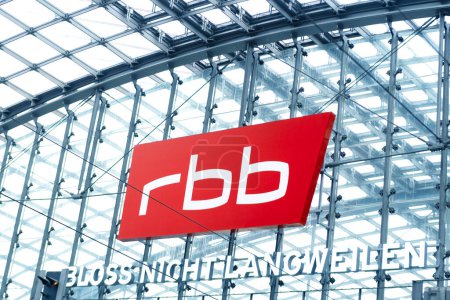 Photo for Radio news Berlin-Brandenburg logo Media Company on arched metal vault at train station, modern radio broadcasting and commitment to quality, Berlin, Germany - February 19, 2024 - Royalty Free Image
