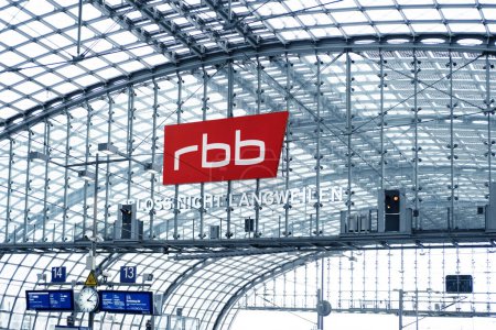 Photo for Radio news Berlin-Brandenburg logo Media Company on arched metal vault at train station, modern radio broadcasting and commitment to quality, Trusted Information, Berlin, Germany - February 19, 2024 - Royalty Free Image