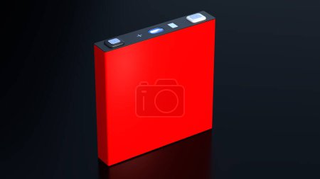 Foto de Célula de LFP prismática roja, batería prismática de NMC para vehículos eléctricos y almacenamiento de energía, renderizado 3d, acumuladores de producción en masa de alta potencia - Imagen libre de derechos