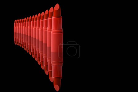 conjunto de lápiz labial mate sobre fondo negro aislado, color rojo, primer plano de productos de belleza, concepto de cosméticos decorativos, tendencias de maquillaje, cuidado de labios, rutina de belleza