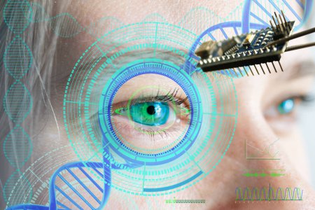 Photo for Installing electronic chip into human bionic, neuroprosthetic eye, cutting-edge technology, Visionary technological advancement, restore sight - Royalty Free Image
