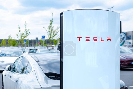 Photo for Free charging station, Tesla-Supercharger v4 Lounge, Power Charger ev in Europe, alternative energy, technology and innovation, Berlin, Germany - April 26, 2024 - Royalty Free Image