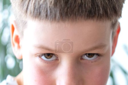 Foto de Ojos cercanos, niño caucásico, chico agresivo mirando hacia los lados, emociones negativas, expresión rebelde, desafiando a la autoridad - Imagen libre de derechos