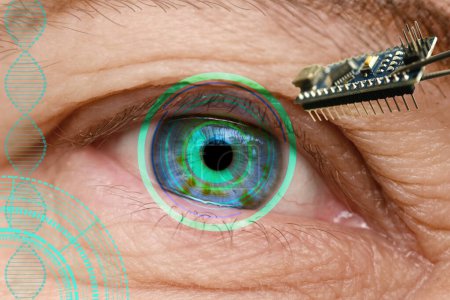 Einbau elektronischer Chips in menschliche bionische, neuroprothetische Augen, modernste Technologie, visionärer technologischer Fortschritt und futuristische Vision