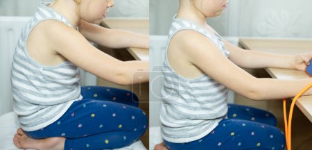 Photo for Little girl with bad and proper posture using mobile phone, healthy and unhealthy sitting, screen time, parental guidance, technology and health - Royalty Free Image