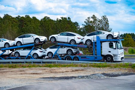 Photo for Car transporter transports load new Tesla ehicles from Gigafactory Berlin-Brandenburg manufacturing plant, Logistics and delivery services, Ev distribution, Berlin - April 26, 2024 - Royalty Free Image