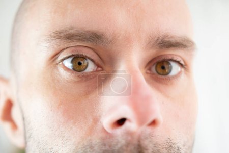 Male Brown Eyes close-up, young Caucasian man looking, Masculine beauty, vision examination, myopia, eye fatigue, color perception
