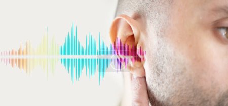 young man ear closeup listening, sound wave, acoustics Auditory System, Hearing Test, Implante coclear, Dispositivo de escucha asistida