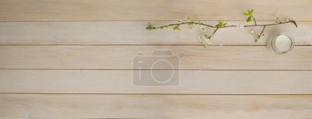 empty mock up in beautiful composition on wooden table, tree branch, concept Easter Joy, Spring Renewal, natural beautiful background for designer, copy space