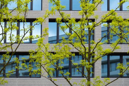 Fragmente mehrstöckige Büro- und Wohngebäude in europäischen Städten, reflektierende Glasfassaden, moderne Bürohochhäuser und Wohntürme, Dynamik zeitgenössischen urbanen Lebens