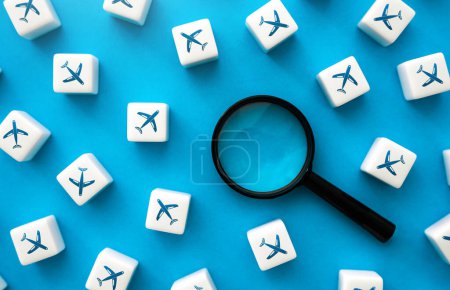 Foto de Search for cheap plane tickets. Airline operators. Commercial flights. Low cost airlines. Travel and tourism. Transport industry. Selection of offers with transfers at the best price and time. - Imagen libre de derechos