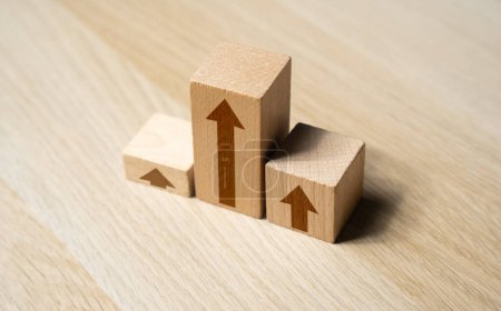 Photo for Growth graph chart from blocks with arrows. Development and growth, moving up. Competition concept. Summing up the results. Rise visualization - Royalty Free Image