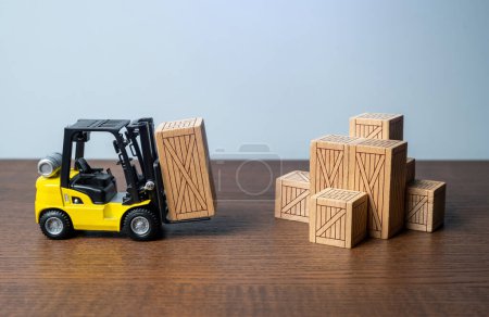 Forklift and wooden crates. Logistic infrastructure and warehousing services. Transportation industry. Trade Shipping logistics. Supply by products and goods. Hub for the storage and movement of goods