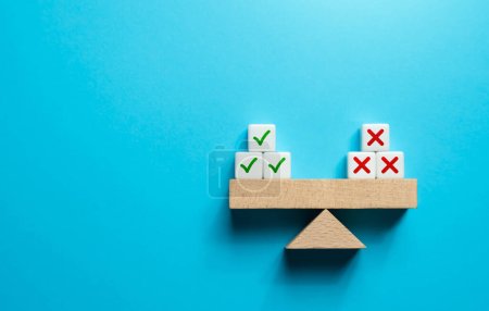 Photo for Pros and cons on scales. Risk planning. Advantages and disadvantages. Evaluating possible profit and losses. Pluses and minuses for questions. Make a choice despite on benefits and drawbacks. - Royalty Free Image