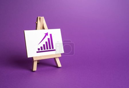 Easel with a growing trend graph. Capital increase. Expanding operations, entering new markets. Financial planning and analysis. High income on deposits and investments.