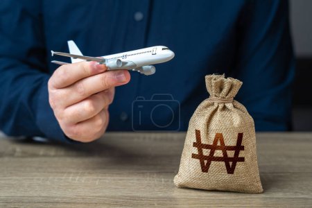 Photo for Airplane flights and South Korean won money bag. Airline industry income. Budget allocations. - Royalty Free Image