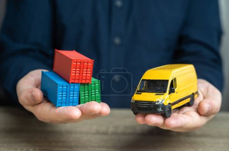 Shipping containers and delivery van car. Last-mile delivery services. Logistics industry. Freight transportation. Distribution of goods and online orders.