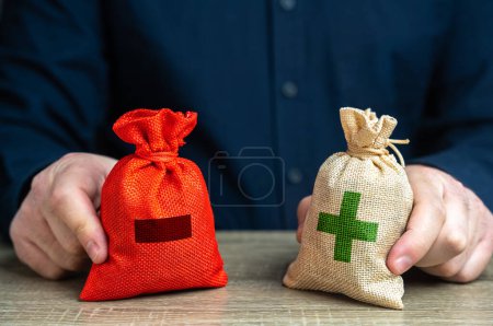 Photo for Pros and cons in to bags to compare. Risk planning. Advantages and disadvantages. Evaluating profit and losses. Make a choice despite on benefits and drawbacks. Pluses and minuses for questions. - Royalty Free Image