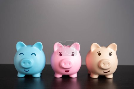 Photo for Three lucky piggy banks. Savings and deposit banking. Healthy economy. Diversification of investments and savings. Banking. Good conditions from the bank. - Royalty Free Image
