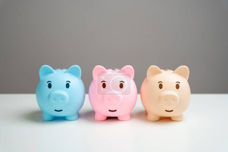Photo for Three cheerful piggy banks. Savings and deposit banking. Diversification of investments and savings. Banking. Terms and conditions from the bank. - Royalty Free Image