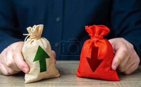 Photo for Positive and negative properties and qualities. Two bags with an up and down arrow. Risk planning. Advantages and disadvantages. Evaluating profit and losses. Benefits and drawbacks. - Royalty Free Image
