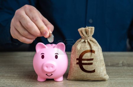 Sparschwein und Euro-Geldbeutel. Sparmanagement. Banken und Finanzwesen. Einsparungen und Anhäufung von Geldern aus Kostensenkungen. Investitionen, Fundraising.