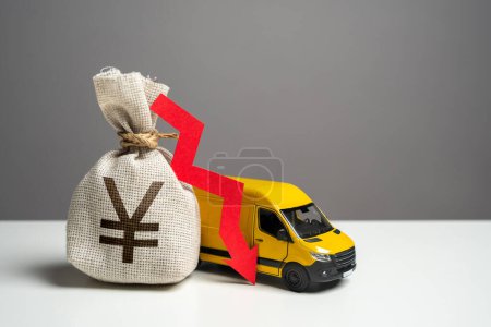 Delivery van and chinese yuan or japanese yen money bag with red arrow down. Decreased profits from delivering online orders. Trade and sale of goods. Low customer spending for online shopping.