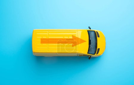 Yellow delivery car with an arrow on the roof, top view. Delivering goods and services. E-commerce, retail, or distribution networks. Efficiency, speed, and reliability in transportation and logistics