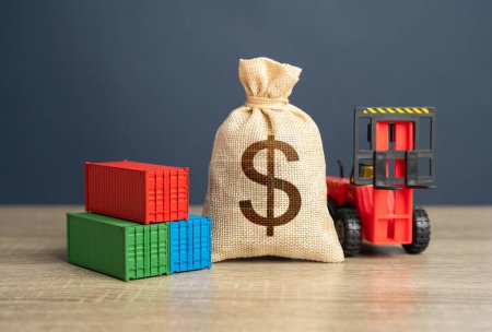 Forklift with shipping containers and dollar money bag. Tariffs and tax collections. Production of containers. GDP and production. Import or export. Trade, economics and transport industry.