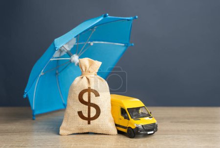 Delivery van and dollar money bag under an umbrella. Cargo and parcel insurance. Warranty obligations.