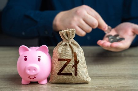 Accumulation of money. Putting polish zloty coins in a piggy bank. Banks and finance. Savings management. Investments, fundraising. Savings and accumulation of funds from cutting expenses.