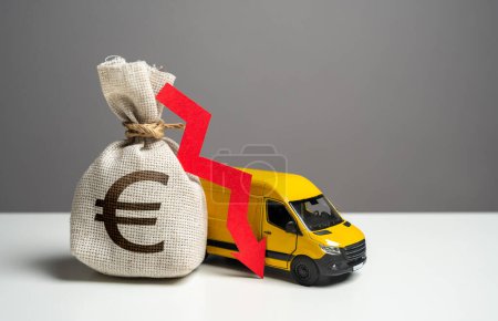 Delivery van and euro money bag with red arrow down. Decreased profits from delivering online orders. Low customer spending for online shopping. Trade and sale of goods.