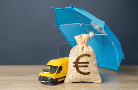 Delivery van and euro money bag under an umbrella. Cargo and parcel insurance. Warranty obligations. Logistics security.
