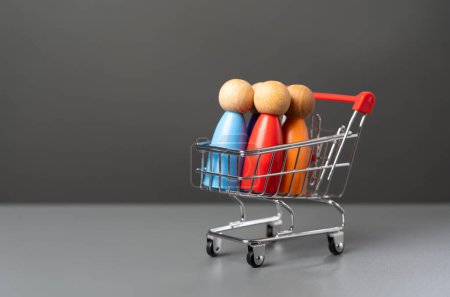 People in a shopping cart. Marketing, consumerism. Human trafficking. Products and marketing strategies. Buyer preferences. Customers