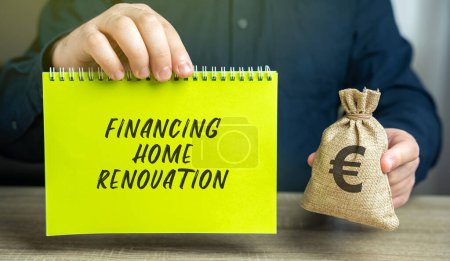 Photo for Financing home renovation concept. The concept of investing money in real estate and home repair. Accumulation and financial management. Euro money bag and notepad in the hands of a businessman - Royalty Free Image