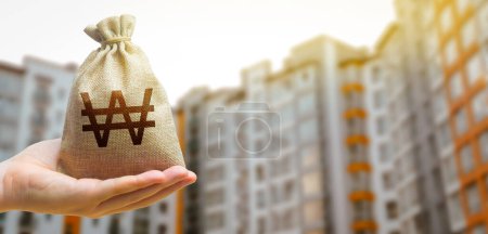 Photo for South korean won bag against the background of modern high-rise buildings. Investing in the purchase of real estate. Affordable housing and mortgage rates. Renting apartments and houses. Blurred - Royalty Free Image