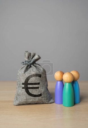 Photo for People figurines and euro money bag. Compensation payments. Providing money, paying salaries and grants. Social assistance. Financial support. - Royalty Free Image