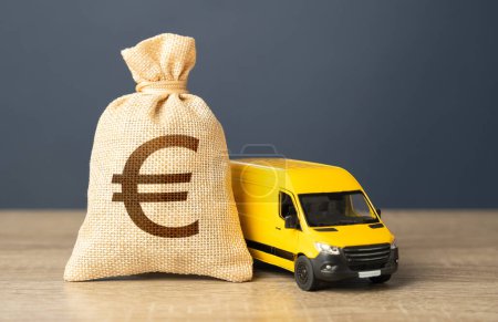 Delivery van and euro money bag. Invest in electric and autonomous vehicles. Freight transportation. Logistics industry, driver shortages. Supply chain resilience.