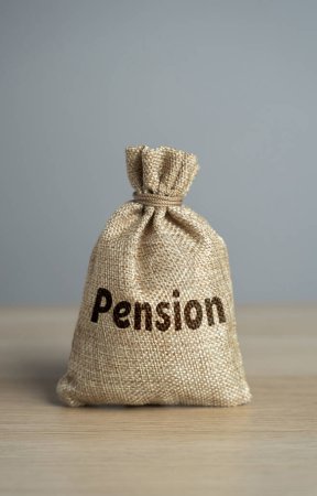 Bag with the word Pension. Ensure financial security during a persons golden years. Employee benefits package. Consider all retirement savings options to ensure a secure financial future.