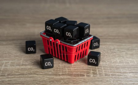 Shopping basket and cubic CO2 carbon dioxide. Achieve an understanding of impact on the environment by your lifestyle and habits. Greenhouse gas consumption and footprint. Customers carbon footprint.