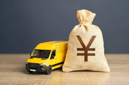Delivery van and japanese yen money bag. Freight transportation. Logistics industry, driver shortages. Supply chain resilience. Invest in electric and autonomous vehicles.